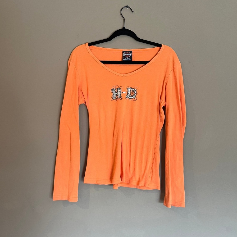 Harley-Davidson Womens Orange Long Sleeve Graphic Top XL Fletcher's Florida
